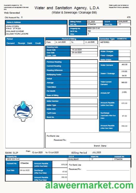 Pakistan WASA utility bill template in Word and PDF formats, version 2